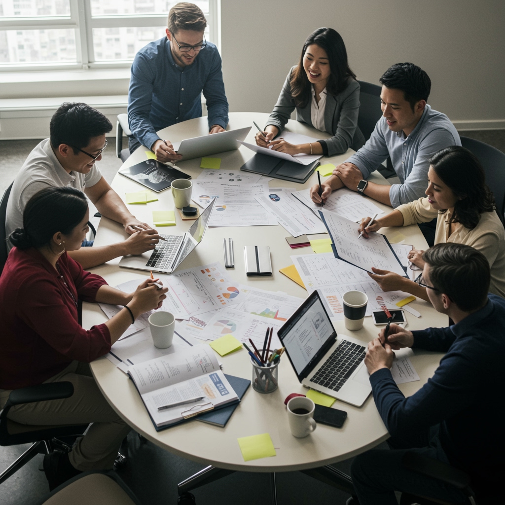 Group of people around table working together